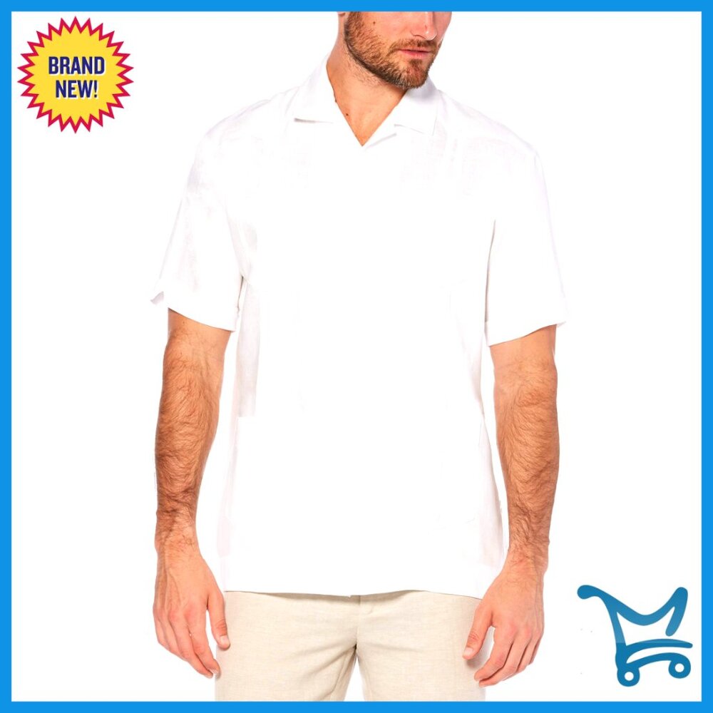 Men's 100% Linen Guayabera Shirt Short Sleeve Button Down Relaxed Fit